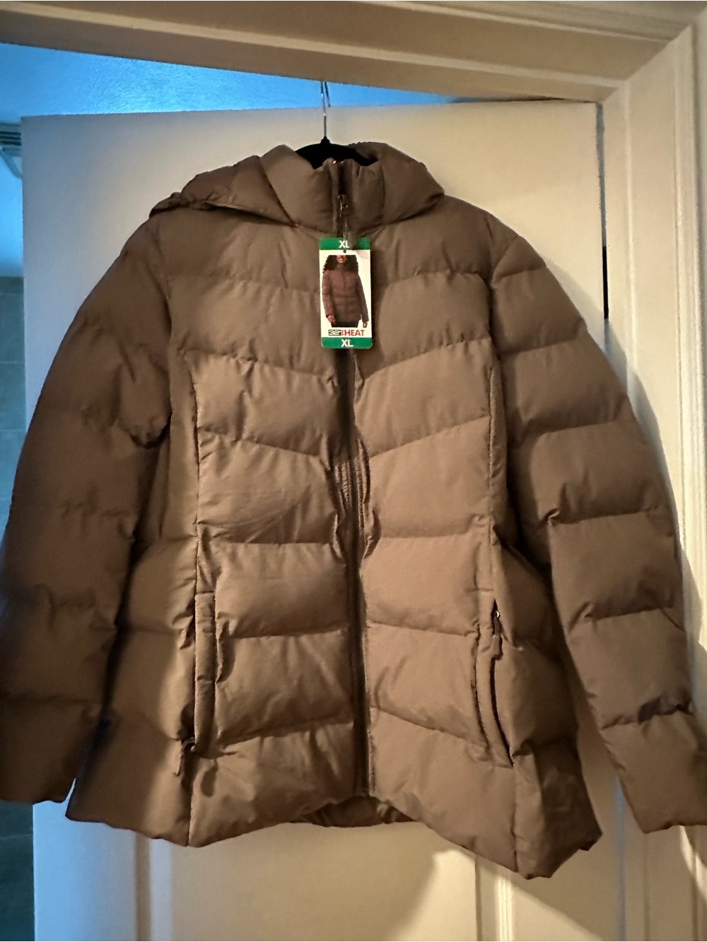 32 Degrees Women's Hooded Puffer Jacket in Taupe Brown